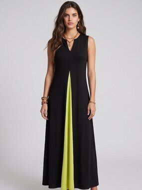 Black Lime Bohemian Inverted Pleat Flowy Summer Resort Maxi Dress